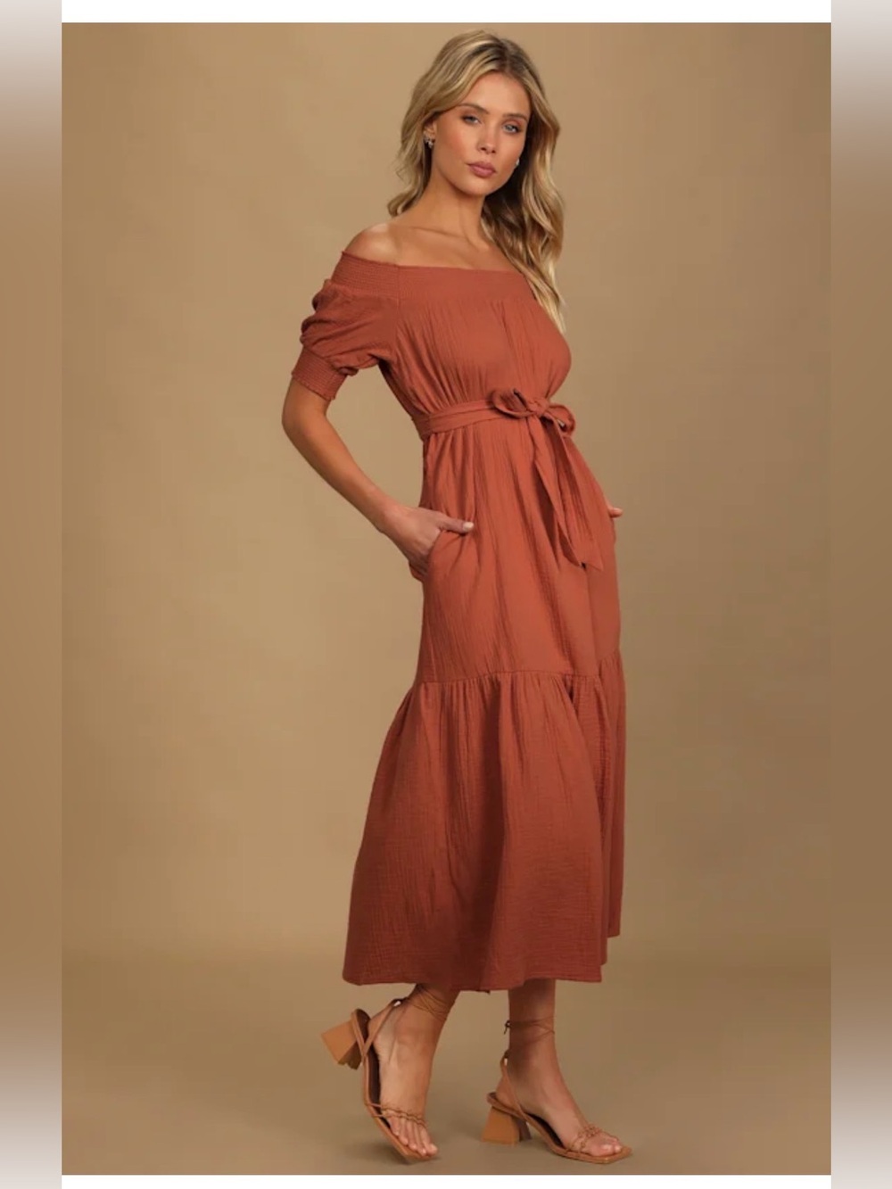 Lulus Ready For Sunshine Rust Orange Off-the-shoulder Maxi Dress - Size Small - Picture 3 of 7